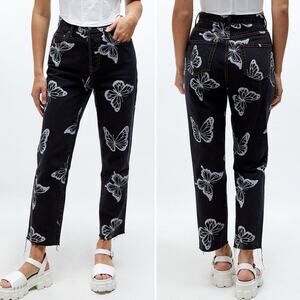 PACSUN Black/White Butterfly Print High Waisted Straight Leg Jeans Size 27